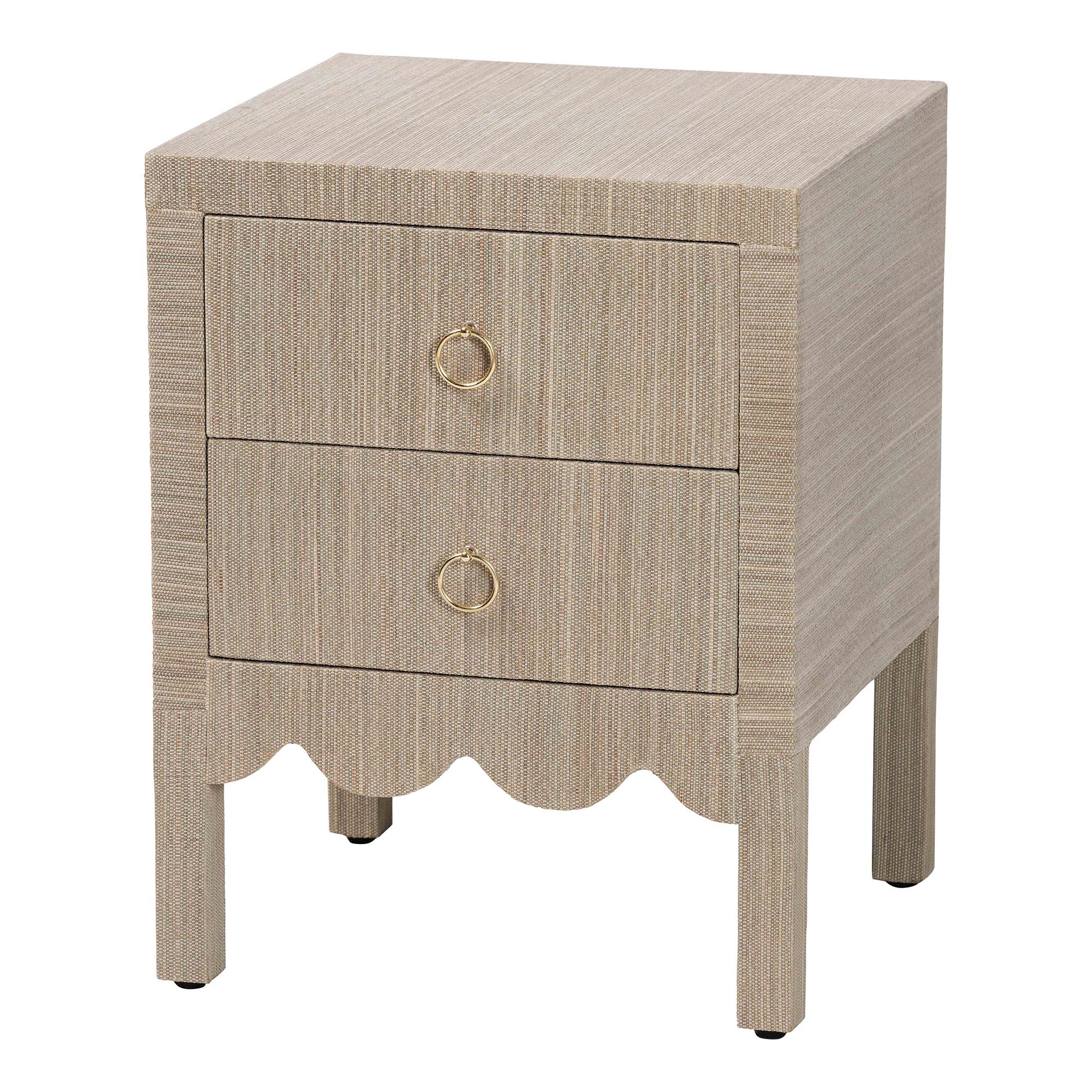 bali & pari Juniper Grasscloth Nightstand with Scalloped Base - Woven Texture 2-Drawer Bedside Table with Gold Ring Pulls, Accent Bedroom Storage Furniture